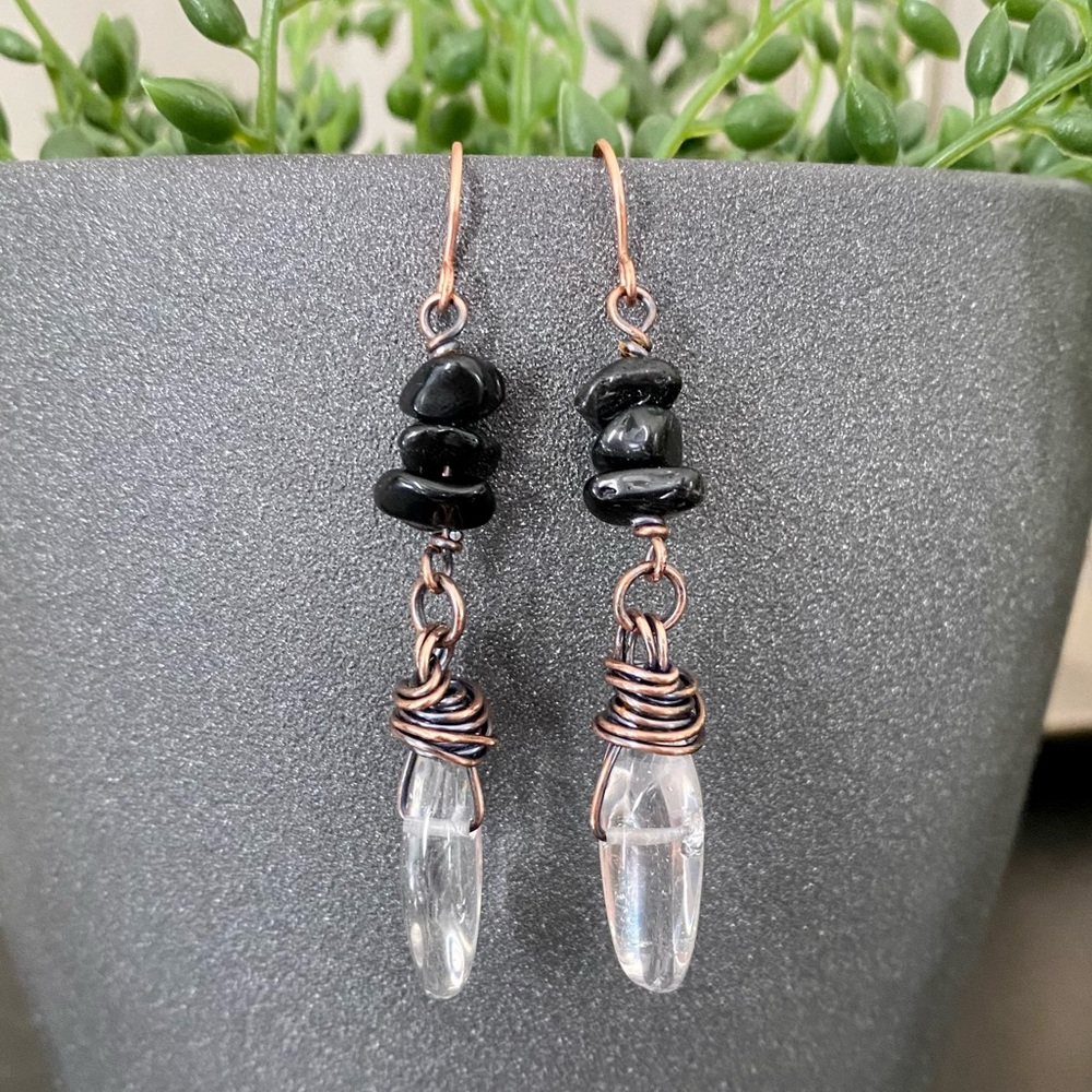 Handcrafted Black Obsidian + Clear Quartz Solid Copper Dangle Earrings
